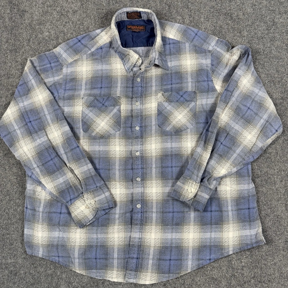 Vintage Woodland Big Man 3X Flannel Shirt Mens Long Sleeve Blue White Plaid